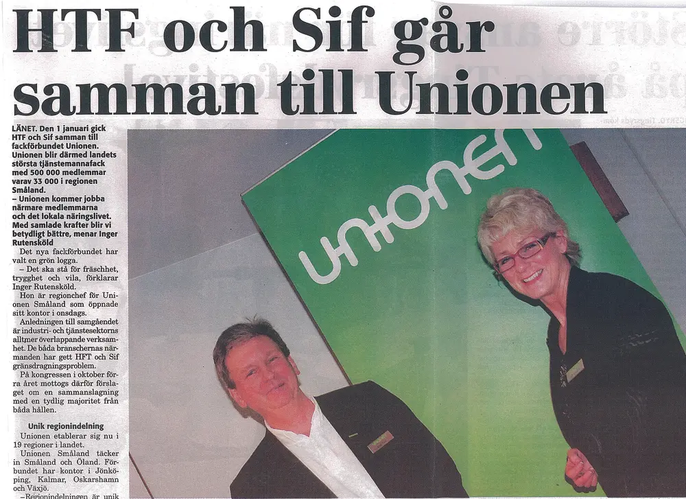 Tidningsurklipp med rubrik HTF och Sif går samman till Unionen. Växjöbladet, januari 2008. 