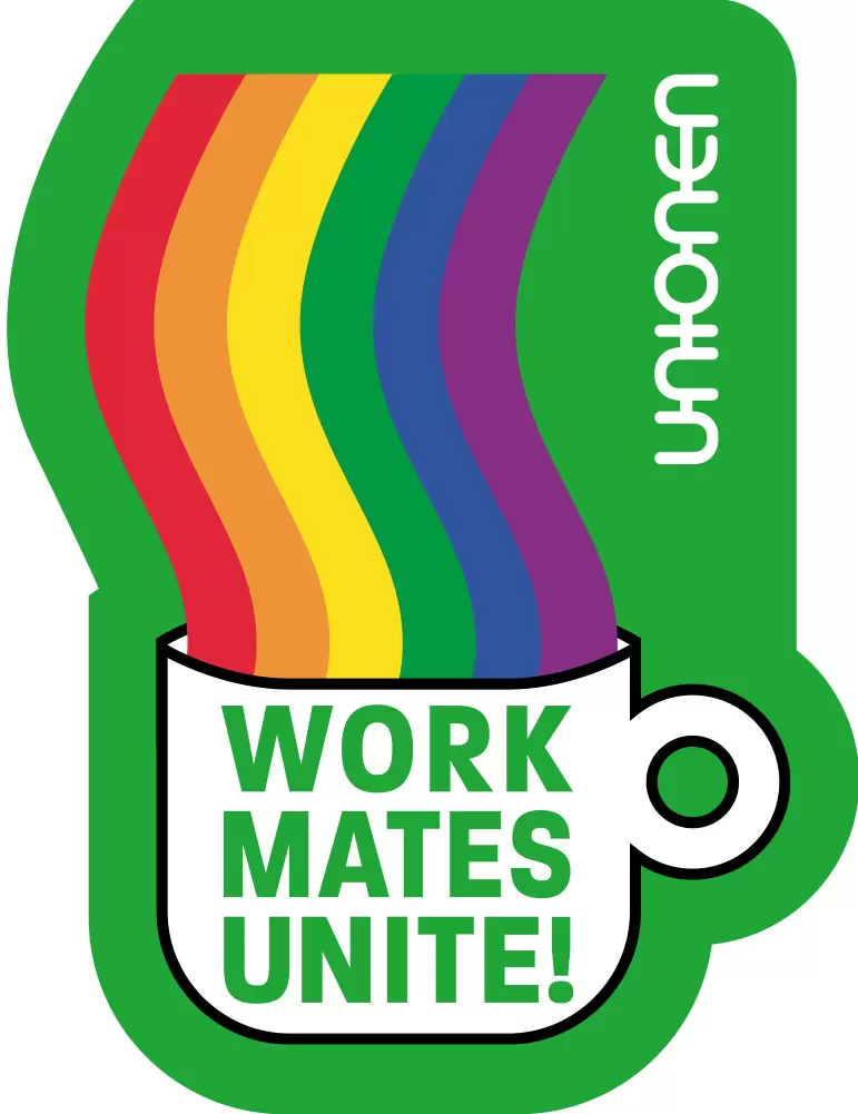 Dekal med texten "Workmates unite"