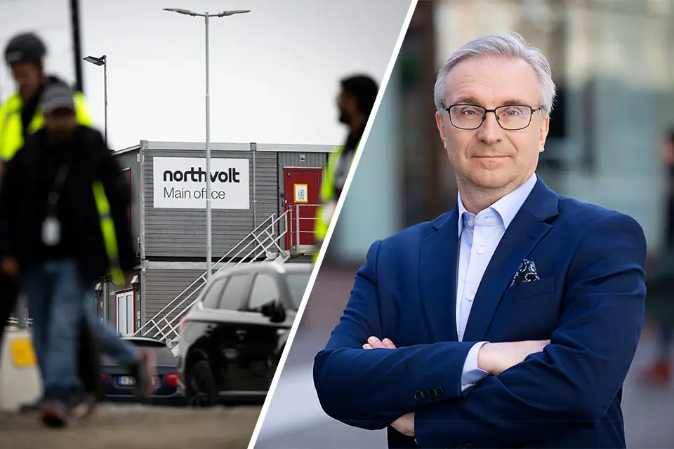 Anställda lämnar anläggningen på Northvolt, samt bild på Unionens förbundsordförande Peter Hellberg