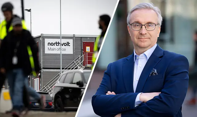 Anställda på Northvolt lämnar anläggning samt bild på Unionens förbundsordförande Peter Hellberg.